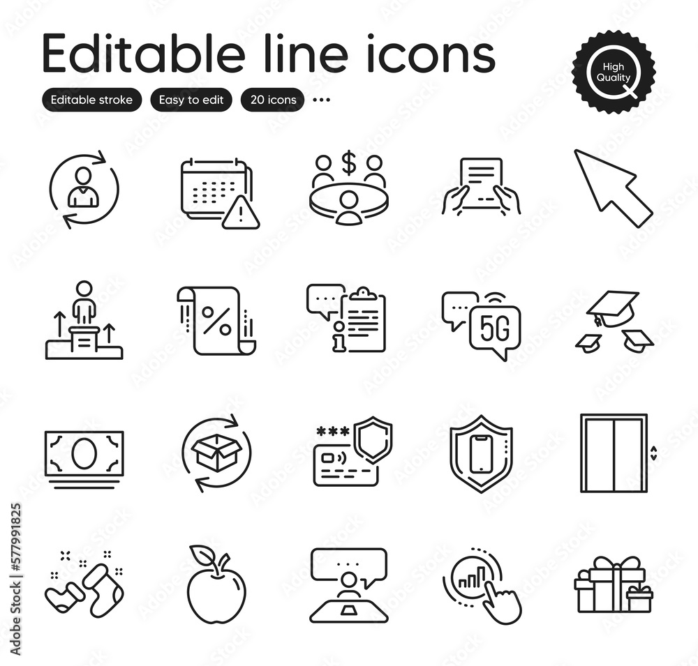 Set of Business outline icons. Contains icons as Apple, Business podium and Notification elements. Lift, Clipboard, Throw hats web signs. Holiday presents, Meeting, Interview job elements. Vector