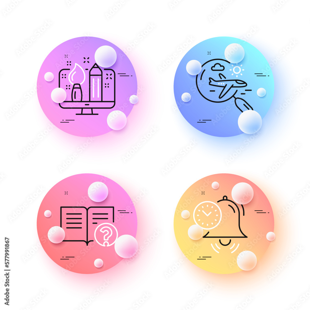 Search flight, Help and Time management minimal line icons. 3d spheres or balls buttons. Creative design icons. For web, application, printing. Airplane trip, Documentation, Alarm clock. Vector Search flight, Help and Time management minimal line icons. 3d spheres or balls buttons. Creative design icons. For web, application, printing. Airplane trip, Documentation, Alarm clock. Vector
