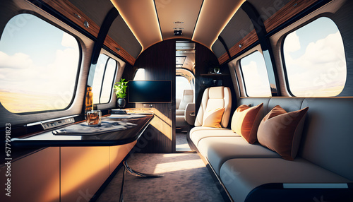 luxury interior in private modern business jet and sunlight in porthole. Generation AI © Adin