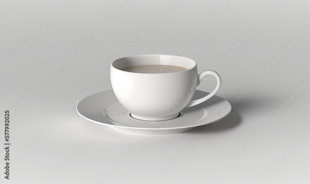 a cup of coffee on a saucer on a white tablecloth with a shadow of the cup on the plate on the side of the plate. generative ai a cup of coffee on a saucer on a white tablecloth with a shadow of the cup on the plate on the side of the plate. generative ai