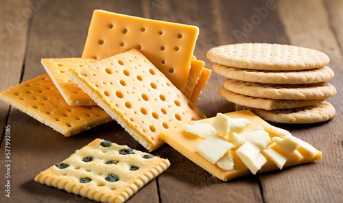  a pile of crackers and cheese on a table with crackers and cheese on the side of the table and on top of the table are crackers. generative ai