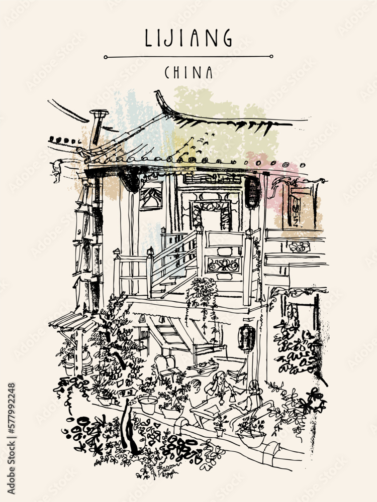 Vector Lijiang, China postcard. Traditional Chinese wooden house in Lijiang, Yunnan, China. Artistic hand drawing. Travel sketch. Vintage style travel poster, banner, postcard