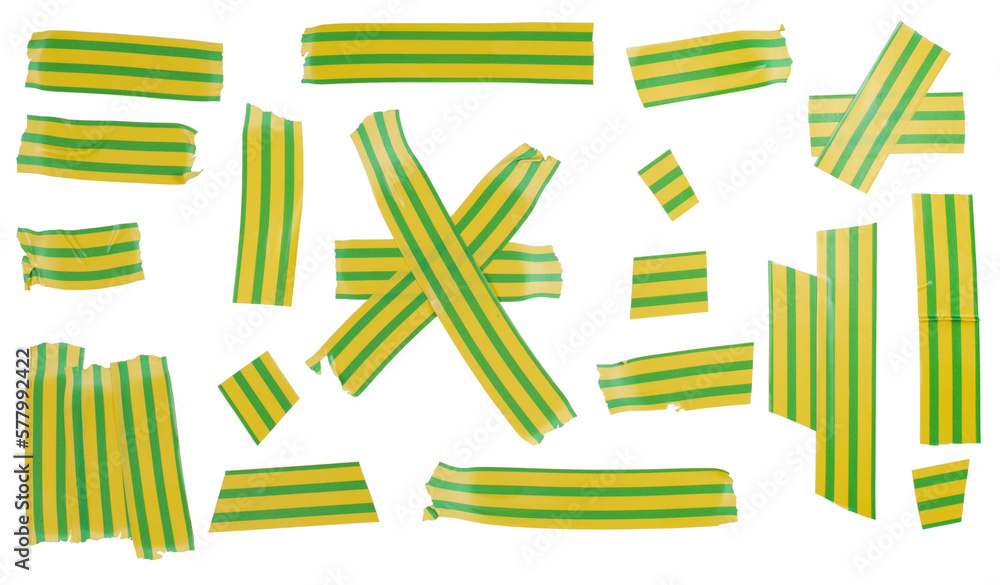 Yellow green insulating tape or electrical tape pieces on white isolated Yellow green insulating tape or electrical tape pieces on white isolated