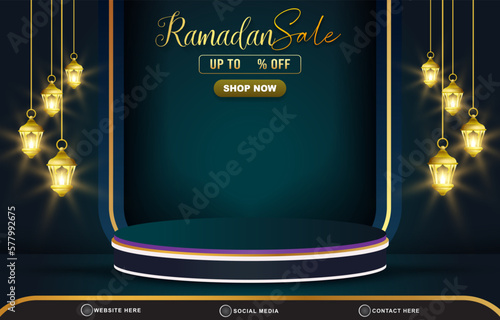 ramadan sale discount template banner with copy space 3d podium for product sale with abstract gradient dark green background design