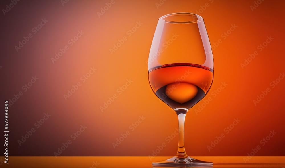 a glass of wine on a table with an orange background and a red light in the middle of the glass is a half filled with liquid. generative ai a glass of wine on a table with an orange background and a red light in the middle of the glass is a half filled with liquid. generative ai