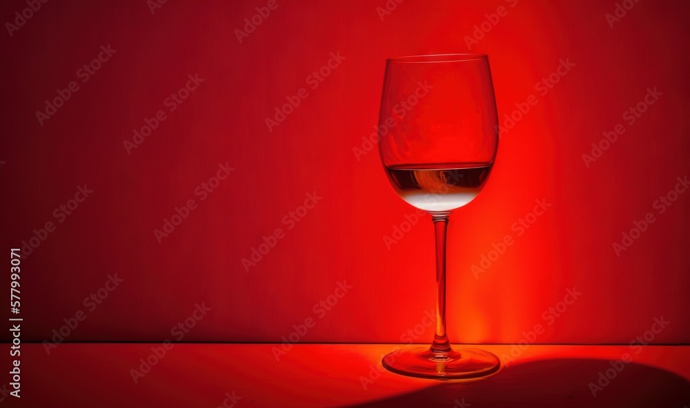 a glass of wine sitting on top of a table next to a red light wall and a red light shining on the wall behind it. generative ai a glass of wine sitting on top of a table next to a red light wall and a red light shining on the wall behind it. generative ai