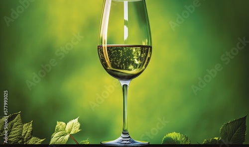  a glass of wine sitting on top of a table next to a leafy green background with a leafy green background and a glass of wine in the foreground. generative ai