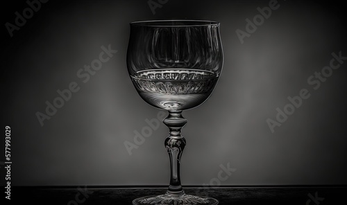  a black and white photo of a wine glass on a black table top with a black background and a black background with a black and white photo of a wine glass. generative ai