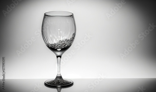  a wine glass sitting on a table with a white background in the backround of the glass is a black and white photo of a wine glass.  generative ai