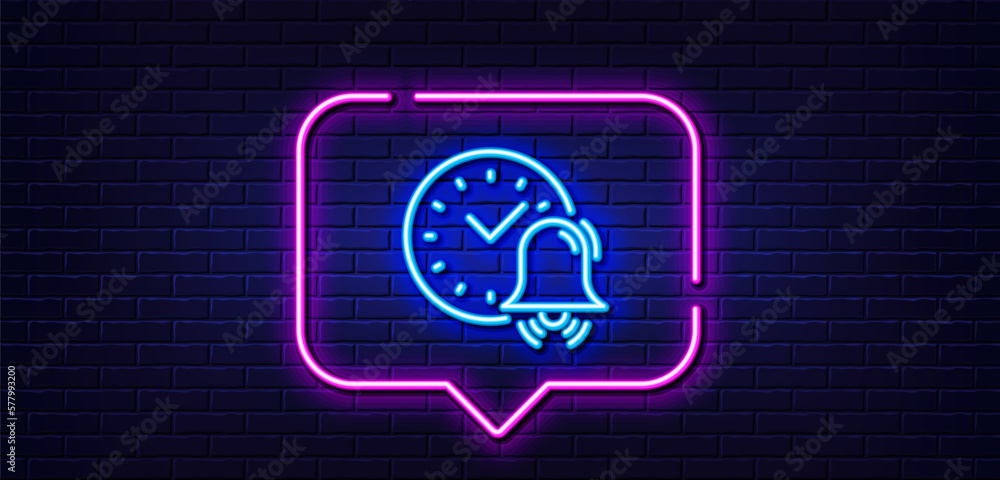 Neon light speech bubble. Alarm bell line icon. Time or watch sign. Neon light background. Alarm bell glow line. Brick wall banner. Vector Neon light speech bubble. Alarm bell line icon. Time or watch sign. Neon light background. Alarm bell glow line. Brick wall banner. Vector