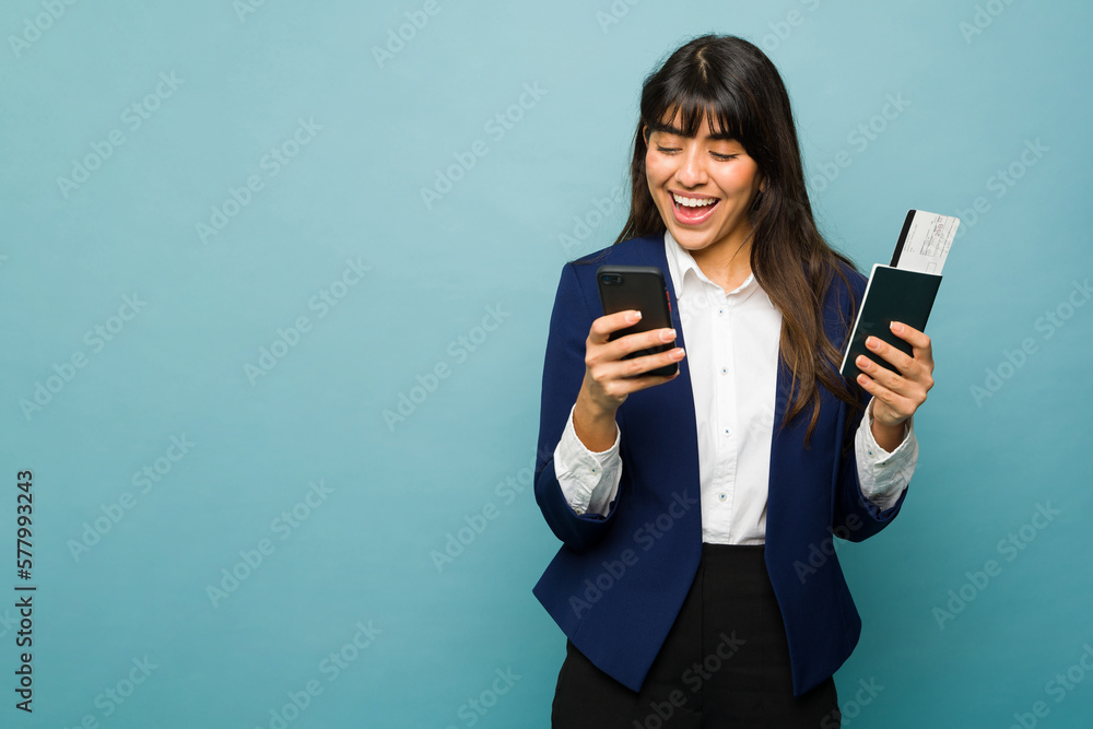 Businesswoman excited about her business travel Businesswoman excited about her business travel