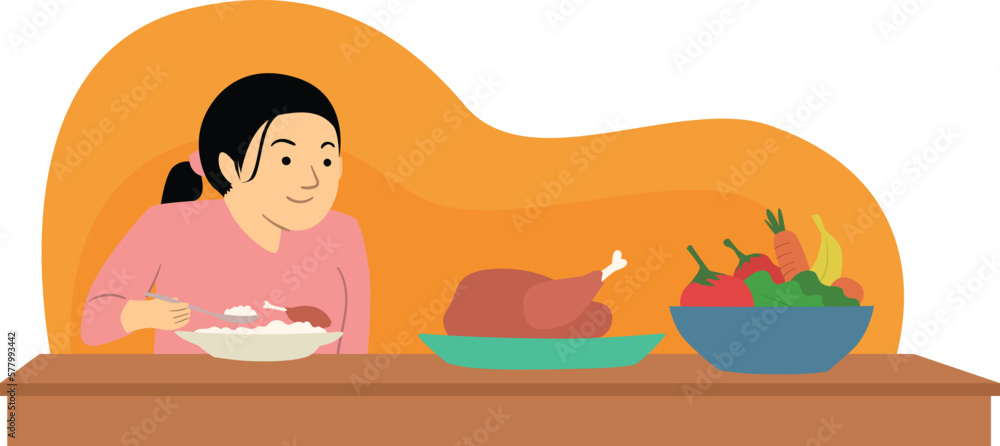 vector illustration girl eating healthy food vector illustration girl eating healthy food