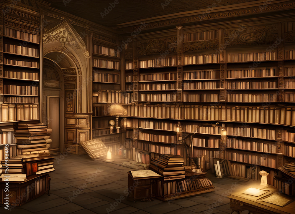 old-fashioned library room with books stacked on shelves and on desks illuminated by warm glowing lamps. generative ai illustration. old-fashioned library room with books stacked on shelves and on desks illuminated by warm glowing lamps. generative ai illustration.