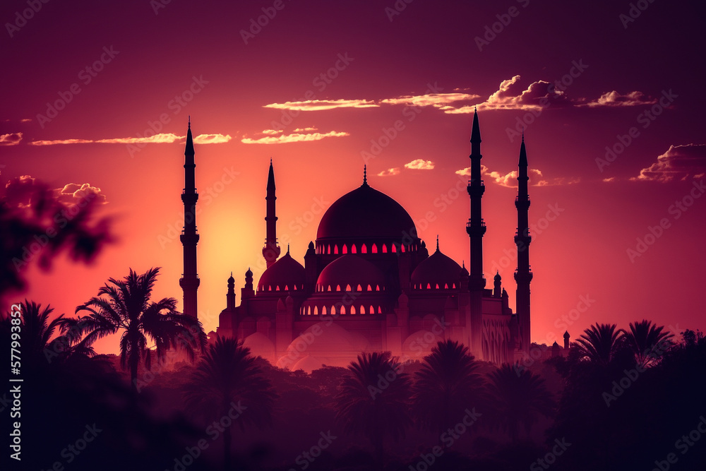 Beautiful view of the mosque at sunset islamic ramadan background design