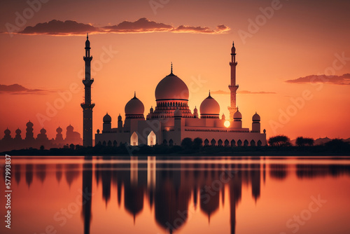 Beautiful view of the mosque at sunset islamic ramadan background design