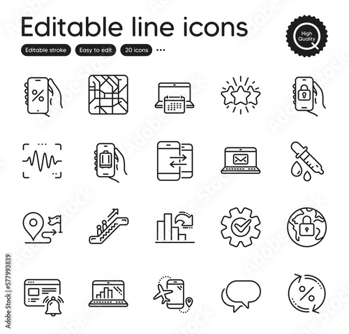 Set of Technology outline icons. Contains icons as Chemistry pipette, Loan percent and Phone communication elements. Escalator, Metro map, Graph laptop web signs. Calendar. Vector