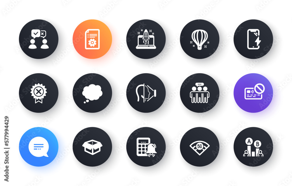 Minimal set of 5g wifi, Reject medal and Air balloon flat icons for web development. Calculator alarm, Employees group, Comic message icons. People voting, Technical documentation. Vector Minimal set of 5g wifi, Reject medal and Air balloon flat icons for web development. Calculator alarm, Employees group, Comic message icons. People voting, Technical documentation. Vector