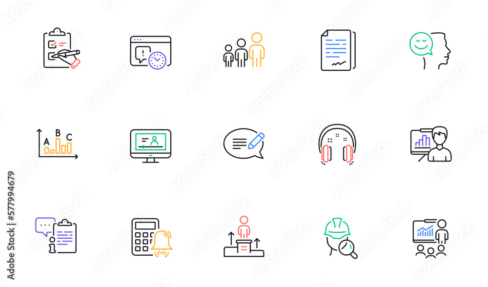 Online video, Calculator alarm and Document signature line icons for website, printing. Collection of Clipboard, Headphones, Presentation icons. Survey results, Business hierarchy. Vector Online video, Calculator alarm and Document signature line icons for website, printing. Collection of Clipboard, Headphones, Presentation icons. Survey results, Business hierarchy. Vector