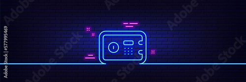 Neon light glow effect. Safe box line icon. Secure deposit sign. Hotel service symbol. 3d line neon glow icon. Brick wall banner. Safe box outline. Vector