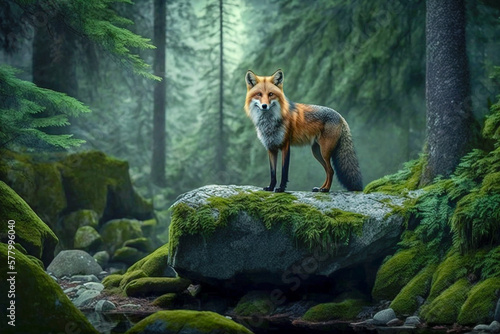 A beautiful shot of a wild red fox standing on a rock in the jungle, generative ai