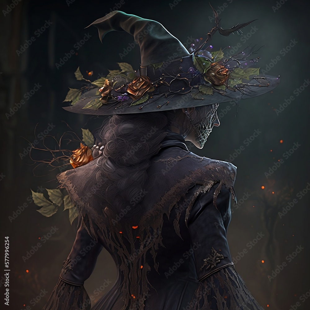 Obraz premium Mujer misteriosa vestida como una bruja vista de espaldas