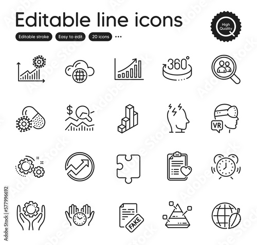 Set of Science outline icons. Contains icons as Check investment, Augmented reality and Audit elements. Graph chart, Coronavirus pills, Gears web signs. Safe time, Time management. Vector