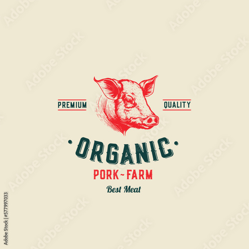 Butcher shop logo vector illustration. Pig head silhouette, good for farm or restaurant badge. Vintage typography emblem design.