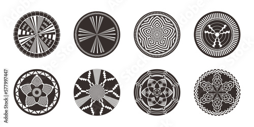 Set of African decorative elements. Round ornament pattern. Collection of mandalas in tribal style. Black and white design.