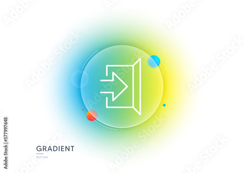 Exit line icon. Gradient blur button with glassmorphism. Open door sign. Entrance symbol with arrow. Transparent glass design. Exit line icon. Vector