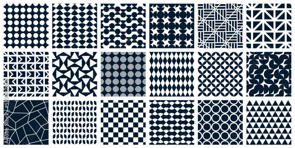 Collection of vector seamless monochrome patterns - geometric design. Black and white abstract fashion backgrounds, textile prints. Endless stylish mosaic tile textures.