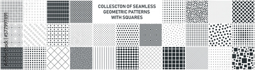 Collection of seamless geometric patterns with squares. Black and white endless mosaic textures. Monochrome unusual simple backgrounds.