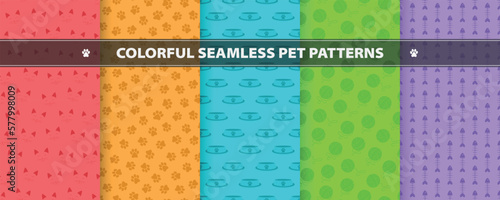 Collection of vector seamless colorful patterns with pet symbols. Bright cartoon backgrounds. Vibrant unusual covers.