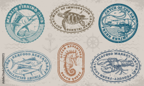 Sea animals set logotypes colorful