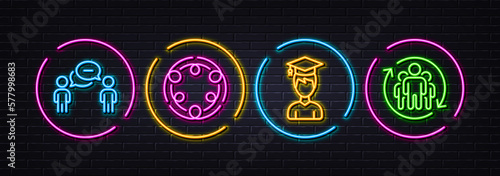 Student, Consulting business and Inclusion minimal line icons. Neon laser 3d lights. Teamwork icons. For web, application, printing. Graduation cap, Team meeting, Equity justice. Vector