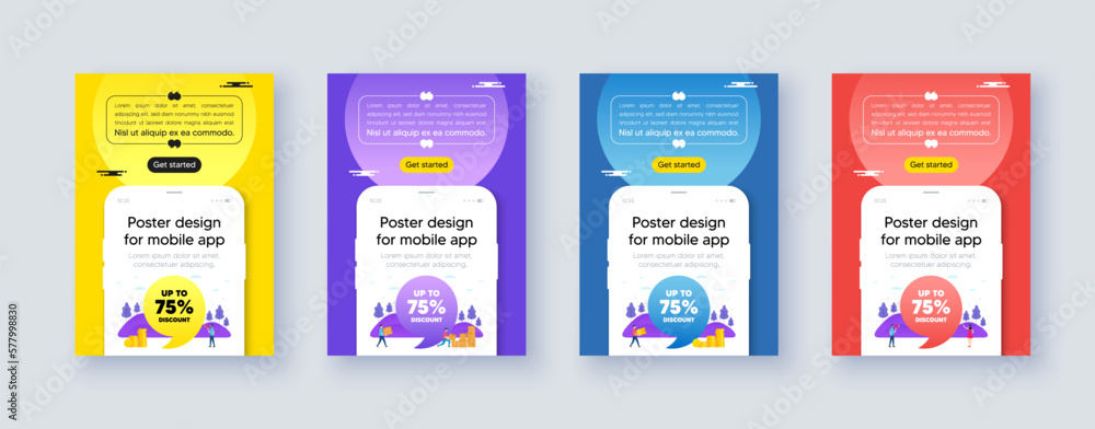 Poster frame with phone interface. Up to 75 percent discount. Sale offer price sign. Special offer symbol. Save 75 percentages. Cellphone offer with quote bubble. Discount tag message. Vector