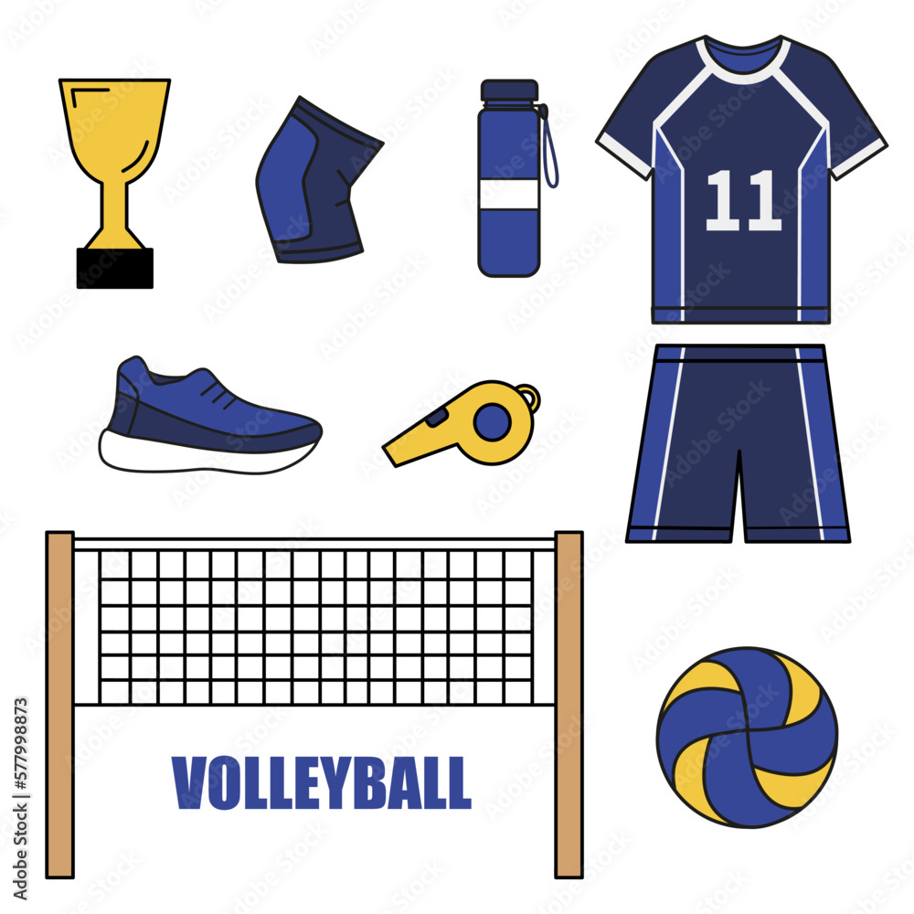Object element set of volleyball with volleyball uniform, knee support