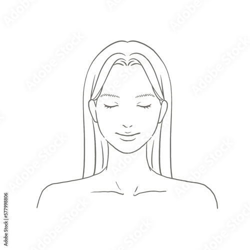 目を閉じる女性の正面顔 ロングヘア