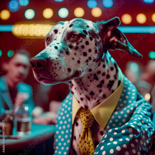 vinatge Dog portrait in polka dots clothing, anthropomorphic dog, Generative AI