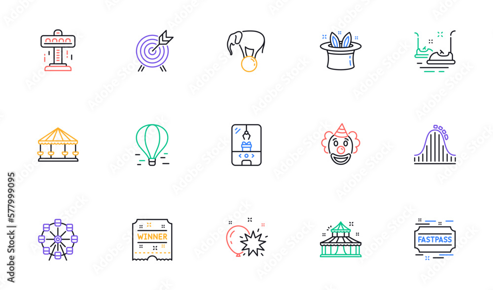 Amusement park line icons. Carousel, Roller coaster and Circus. Ferris wheel linear icon set. Bicolor outline web elements. Vector Amusement park line icons. Carousel, Roller coaster and Circus. Ferris wheel linear icon set. Bicolor outline web elements. Vector