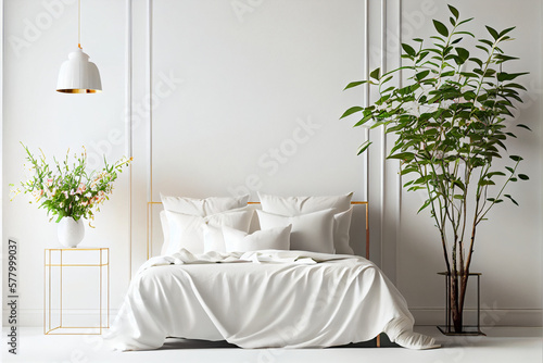 Bed in the bedroom in a Scandinavian minimalist style. Light pillows on the bed. AI Generated