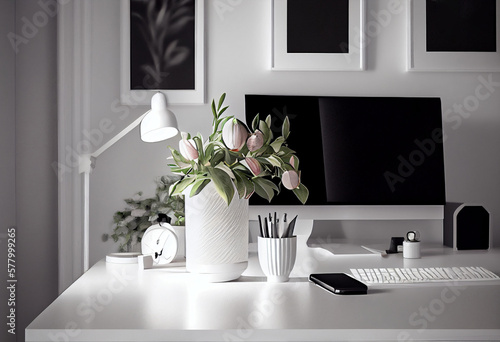 Stylish workspace with computer mockup screen on home or studio, AI Generated