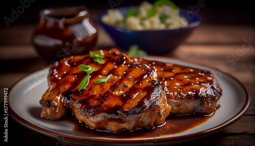 A plate of grilled pork chops with barbecue sauce generated by AI photo