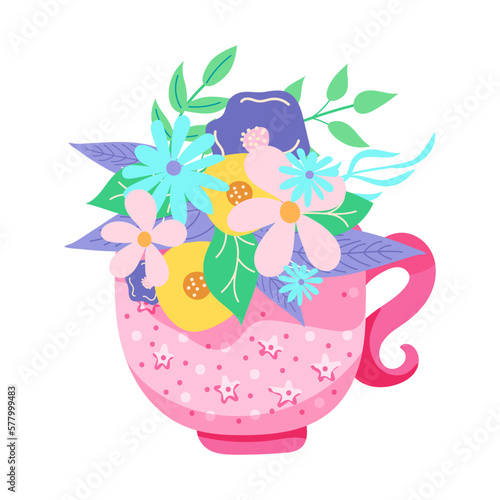 Hand-drawn cup with garden flowers flat style colored doodle. Isolated design element on white background. Graphic decorative illustration for greeting card, post, holiday, birthday, spring, summer. 