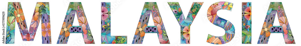 Malaysia is a country in Southeast Asia. Vector decorative zentangle object. Malaysia is a country in Southeast Asia. Vector decorative zentangle object.