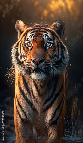 Portrait of a bengal tiger in the water. Beautiful wild animal and family photos, wallpaper, poster created with help of generative ai.