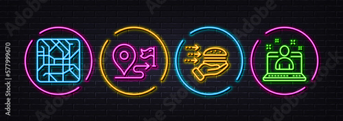 Journey, Food delivery and Metro map minimal line icons. Neon laser 3d lights. Best manager icons. For web, application, printing. Trip distance, Hand hold burger, Subway transit map. Vector