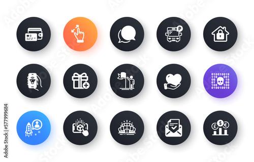 Minimal set of Touchscreen gesture, Approved mail and Leadership flat icons for web development. Wallet, Music app, Lock icons. Startup, Arena stadium, Volunteer web elements. Add gift. Vector