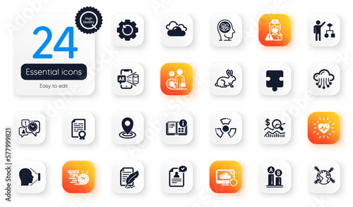 Set of Science flat icons. Cloud storage, Recovery gear and Cloudy weather elements for web application. Augmented reality, Algorithm, Stress icons. World vaccination, Inspect. Vector