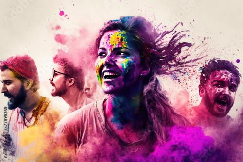 Young people having fun at a Holi party. Generative AI © Farnaces