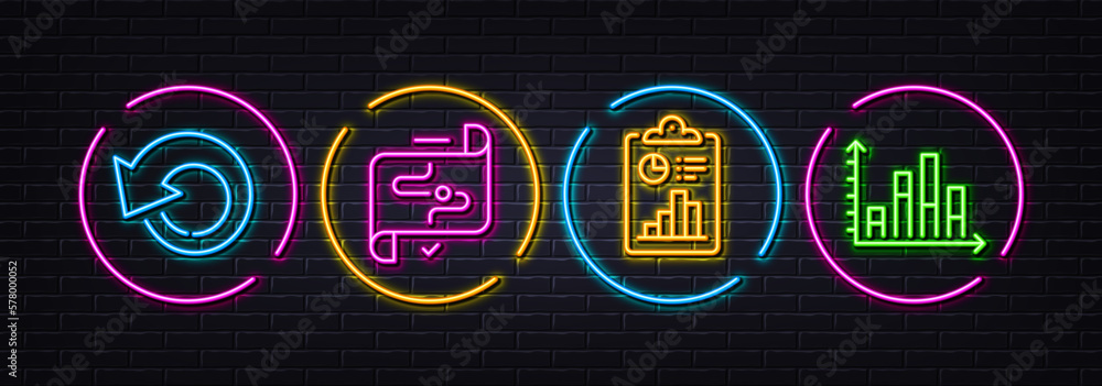Report, Target path and Recovery data minimal line icons. Neon laser 3d lights. Diagram graph icons. For web, application, printing. Survey clipboard, Business aim, Backup info. Vector